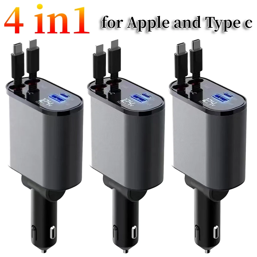 4 in1 Fast Charger 100W Retractable Car Charger Type C Cable For IPhone For Samsung Fast Charge Cord Cigarette Lighter Adapter