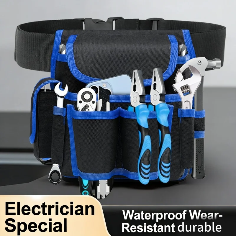 One-Piece Red, Blue, and Yellow Electrician's Bag Made of Oxford Cloth, Small Waist Bag, Electrician's Tool Bag for Men, Thickened Large Multifunctional Home Appliance Repair Waist Bag view 5