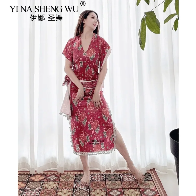 Vestito di danza del ventre Rosso mattone stampato Farfalla Abito con paillettes Stile shabby Pratica sul palco Performance Abbigliamento da ballo per ballerine femminili