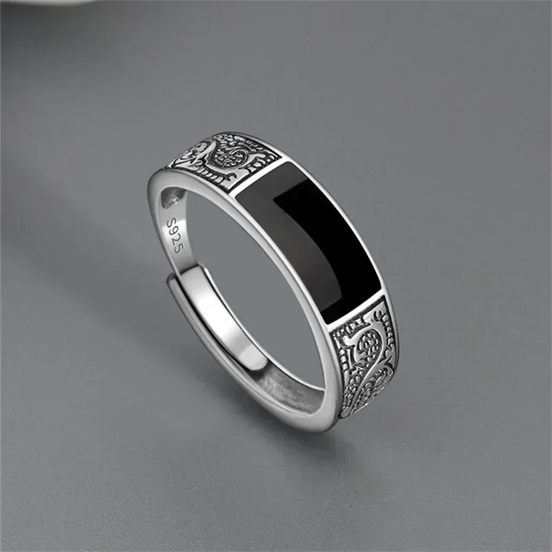 Trendy 925 Sterling Silver Ring For Men Jewelry Black Rectangle Retro Dragon Pattern Ring Male Infex Finger Accessories Open