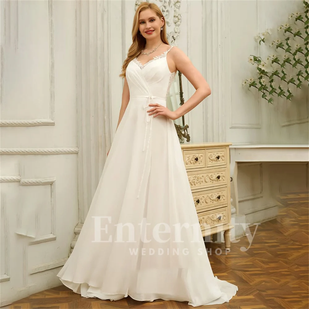 Customized Wedding Dresses V Neck Spaghetti Straps Womens Dresses Sweep Train Chiffon Lace Bride Dresses Vestidos Para Mujer