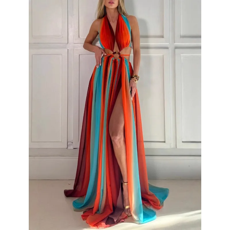 Seksowna Sukienka Maxi na Wakacje na Plaży w Kolorach Tęczy, Długa do Podłogi, Wiązana na Szyi, Bez Pleców, z Wycięciami, Szyfonowa, Plisowana, w Stylu Boho, Koktajlowa