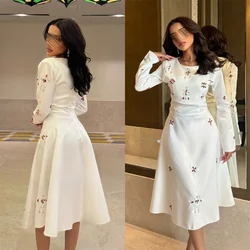 Customized Formal Dress Prom Saudi Arabia Jewel A-line Tea Length Skirts Embroidery Bespoke Occasion Dresses Dearin Ye Evening G