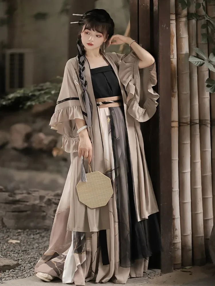 طقم فستان هانفو 3 قطع للنساء ، زي تنكري صيني تقليدي ، طباعة عتيقة ، موضة صيفية ، Y2K