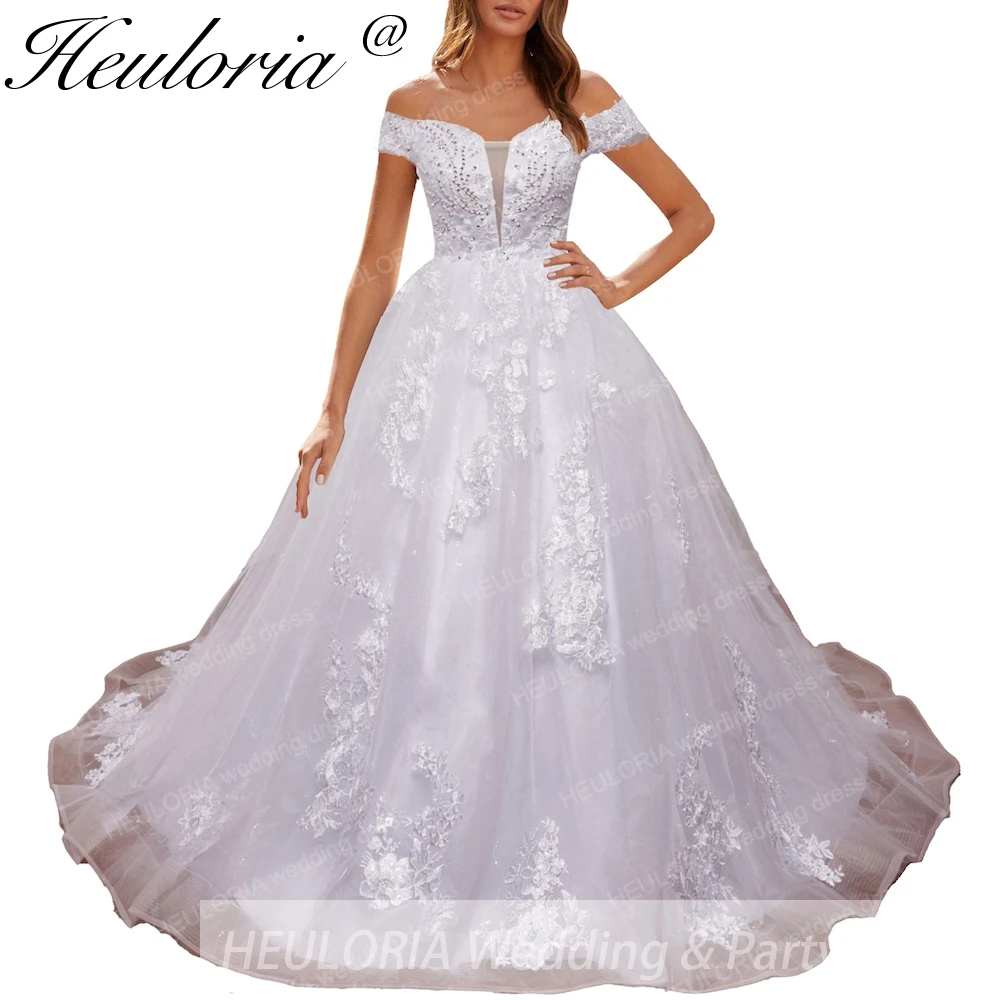 

HEULORIA off shoulder lace beading princess ball gown wedding dress plus size shinny skirt bridal dress