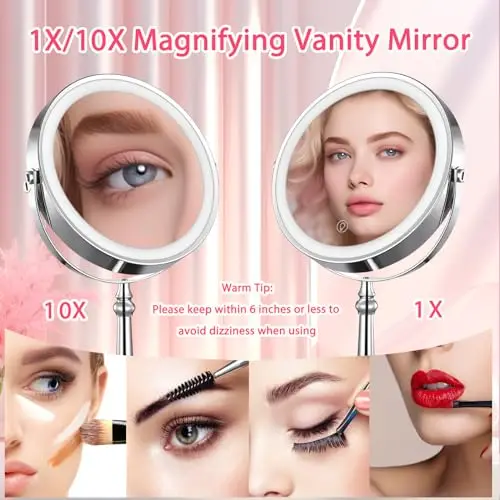 9" Large Lighted Makeup Mirror, 1X/10X Magnifying Mirror with Lights, 360 Rotate Touch Screen Vanity Mirror with 3 Color Lights