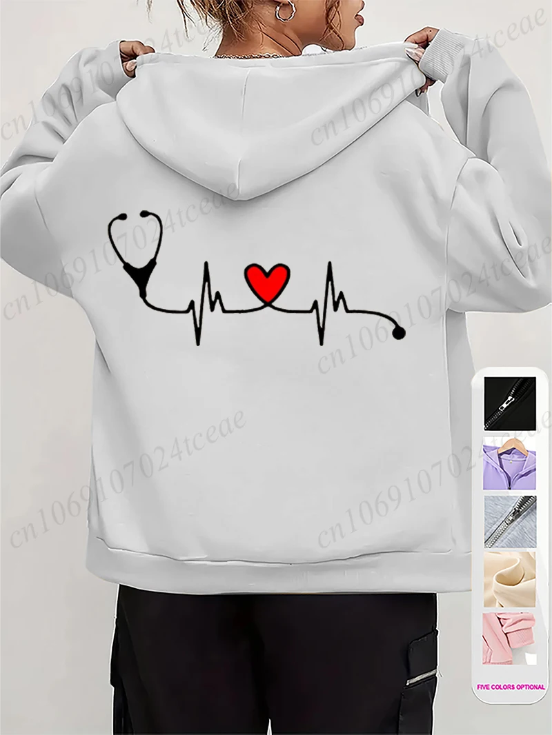 المرأة الخريف الشتاء هوديس السماعة EKG سحاب مطبوع جاكت مزود بغطاء للرأس التمريض سستة جيب البلوز ممرضة الحياة أبلى