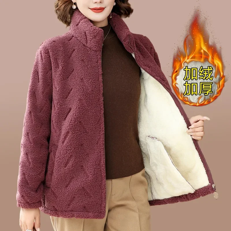 Middle-Aged Elderly Mothers Autumn Winter Wool Women Coat Fashion Warm Overcoat Imitation Lambswool Cotton-Padded Jacket Female