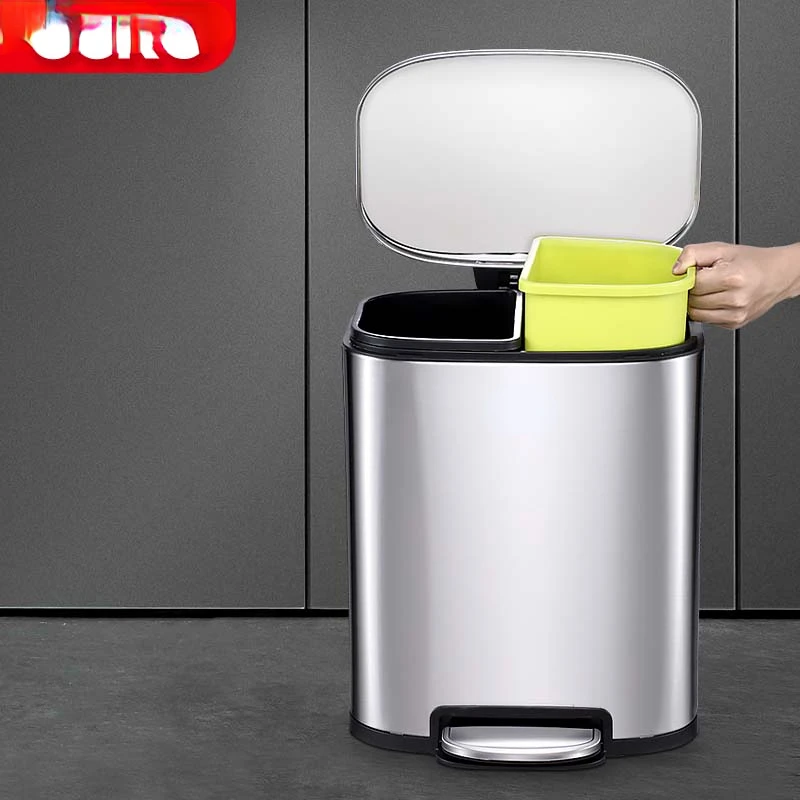 Self Sealing Trash Can Dual 2 Compartment Stainless Steel Bin Dustbin Garbage Bins For Home Kitchen Hotel Foot Pedal Trash Can