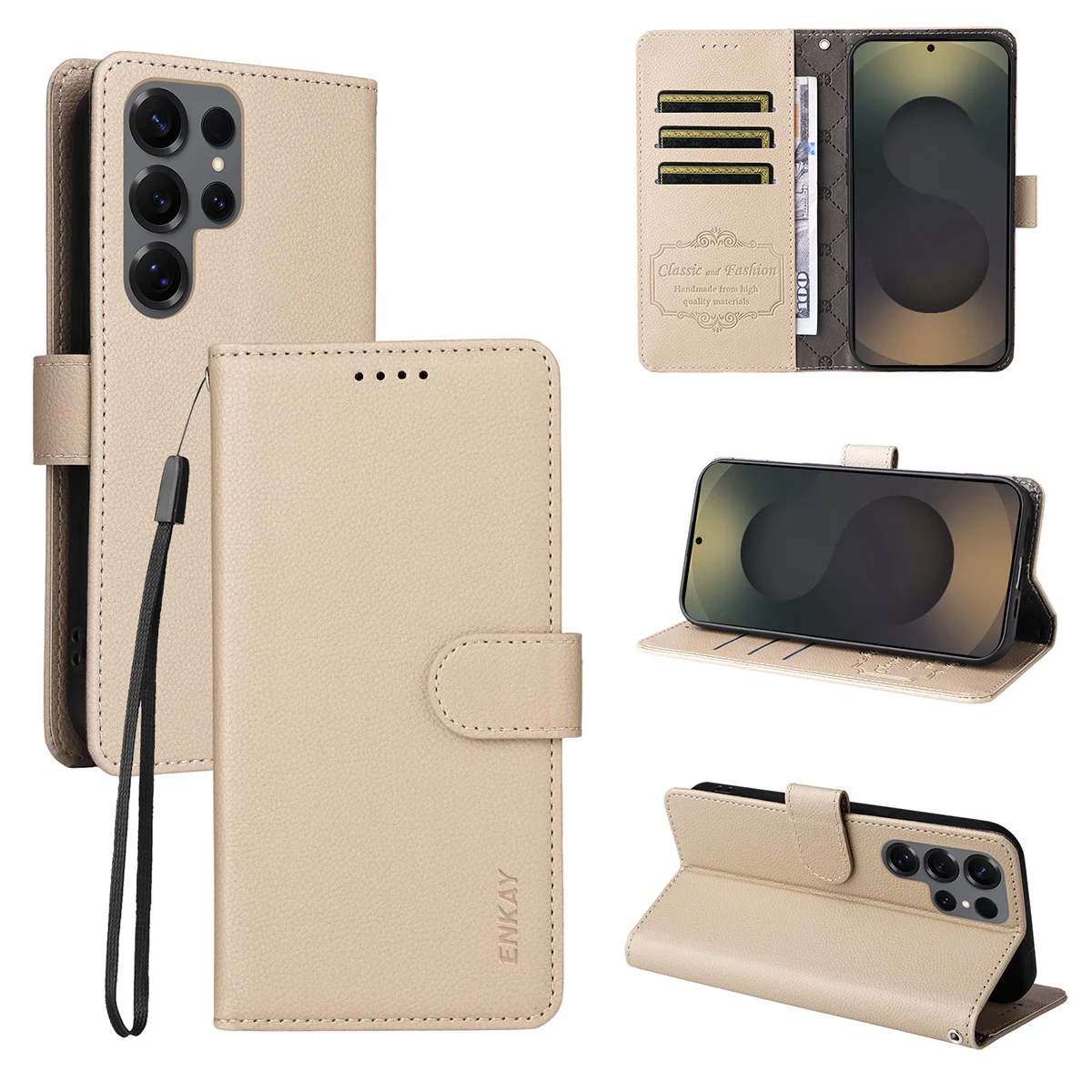 Para Samsung Galaxy S24 Ultra Funda tipo billetera con correa ENKAY HAT PRINCE RFID Bloqueo Funda de cuero con soporte para teléfono - Beige