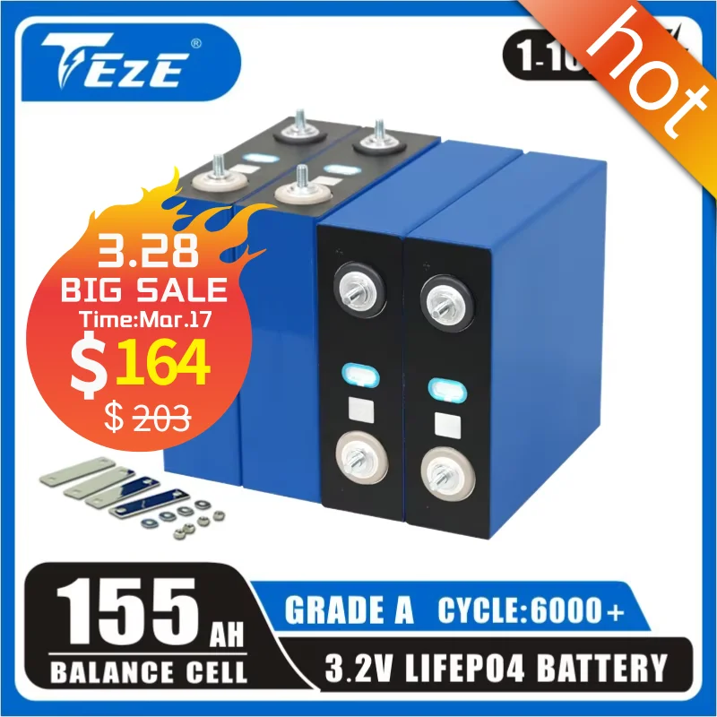 NEW 3.2V 155Ah LifePo4 Battery DIY 12V-48V Rechargeable Cell 150Ah Grade A Lithium Iron Phosphate Solar Energy Storage System