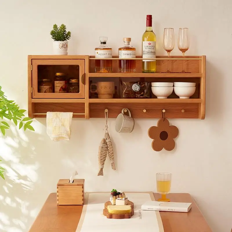 Japanese Style Sideboard Wall Rack Solid Wood Wall Cabinet Wall Mounted Coffee Cup Storage Cabinet