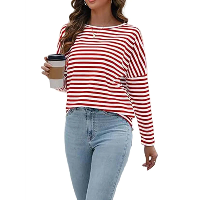 

NEW-Womens Long Sleeve Shirts Striped Color Block Tops Fall Fashion Clothing Crewneck Tee Blouses