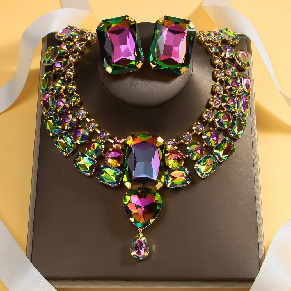 

Luxury shiny dazzling colour square multi-layer rhinestone necklace earring set exaggerated fashion women's wedding jewelry