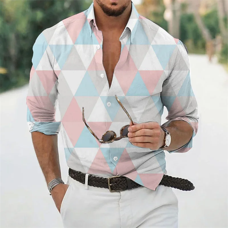 Camisa de manga larga con botones para hombre, dobladillo de diamante geométrico impreso, ropa de calle al aire libre, solapa, estilo de moda, diseñador de moda