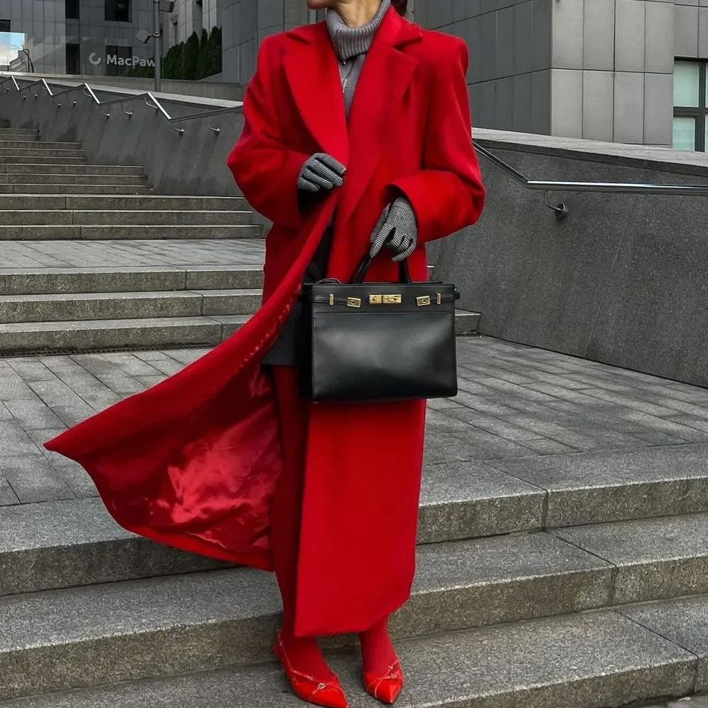 Solid color lapel long sleeve long coat European and American red long eye-catching all matching comfortable warm coat