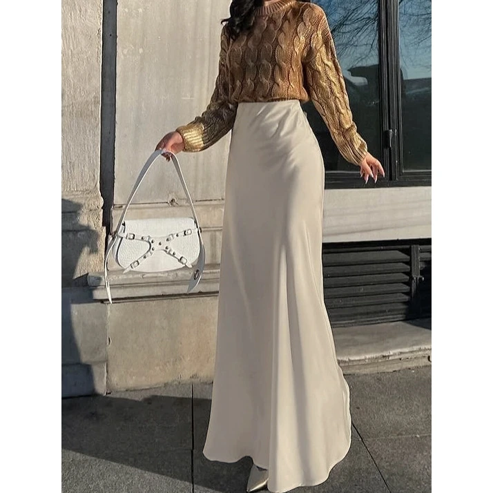 

High Waist Midi Skirt Fashionable Summer Acetate Elegant Long Skirt Women's plus Size Commute Style Pure Color Straight Cut