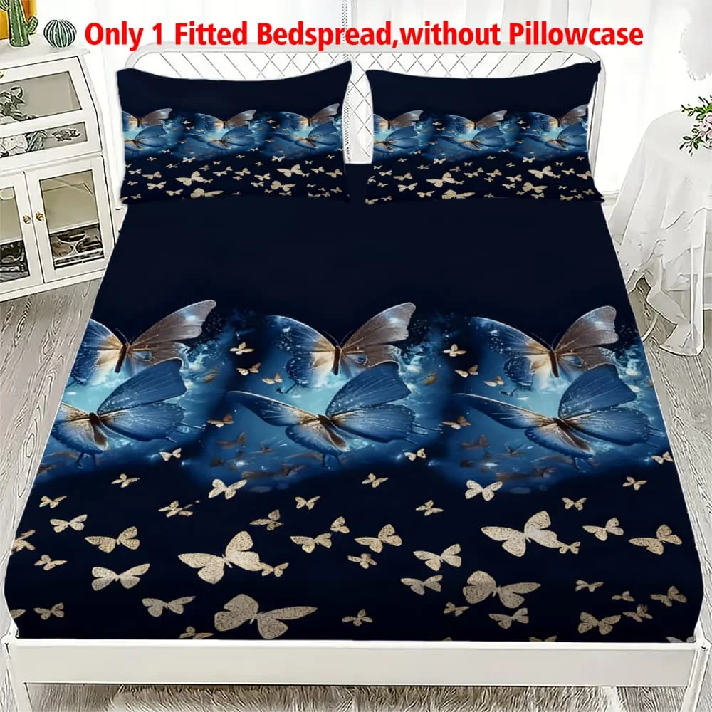1 Stück Blau-Gold Schmetterlingsdruck Spannbettlaken mit Tiefen Taschen, Elastischer Matratzenbezug für Einzel-, Doppel-, Queen- und King-Size-Betten, Schlafzimmer-Dekoration