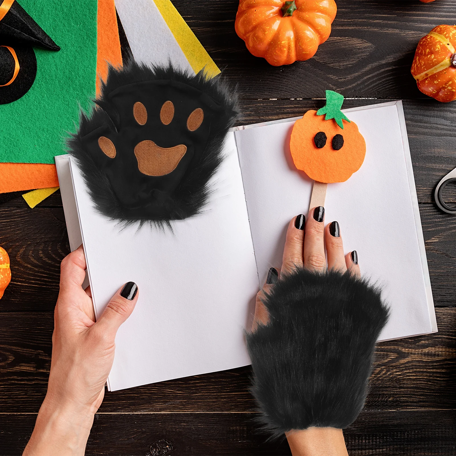 검은색 동물 발바닥 장갑 한 쌍 반손가락 장갑 따뜻한 겨울 옷 할로윈 코스튬 액세서리 재미있는 발바닥 디자인