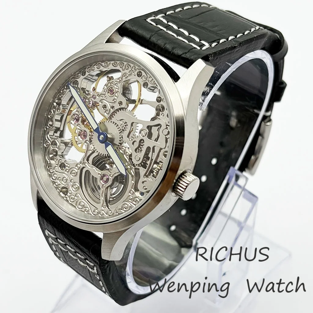 Mens Top Watch 43mm Sapphire Glass Brushed Case 17 Jewels Full Skeleton Movement Leather Strap  Mens Retro Watches