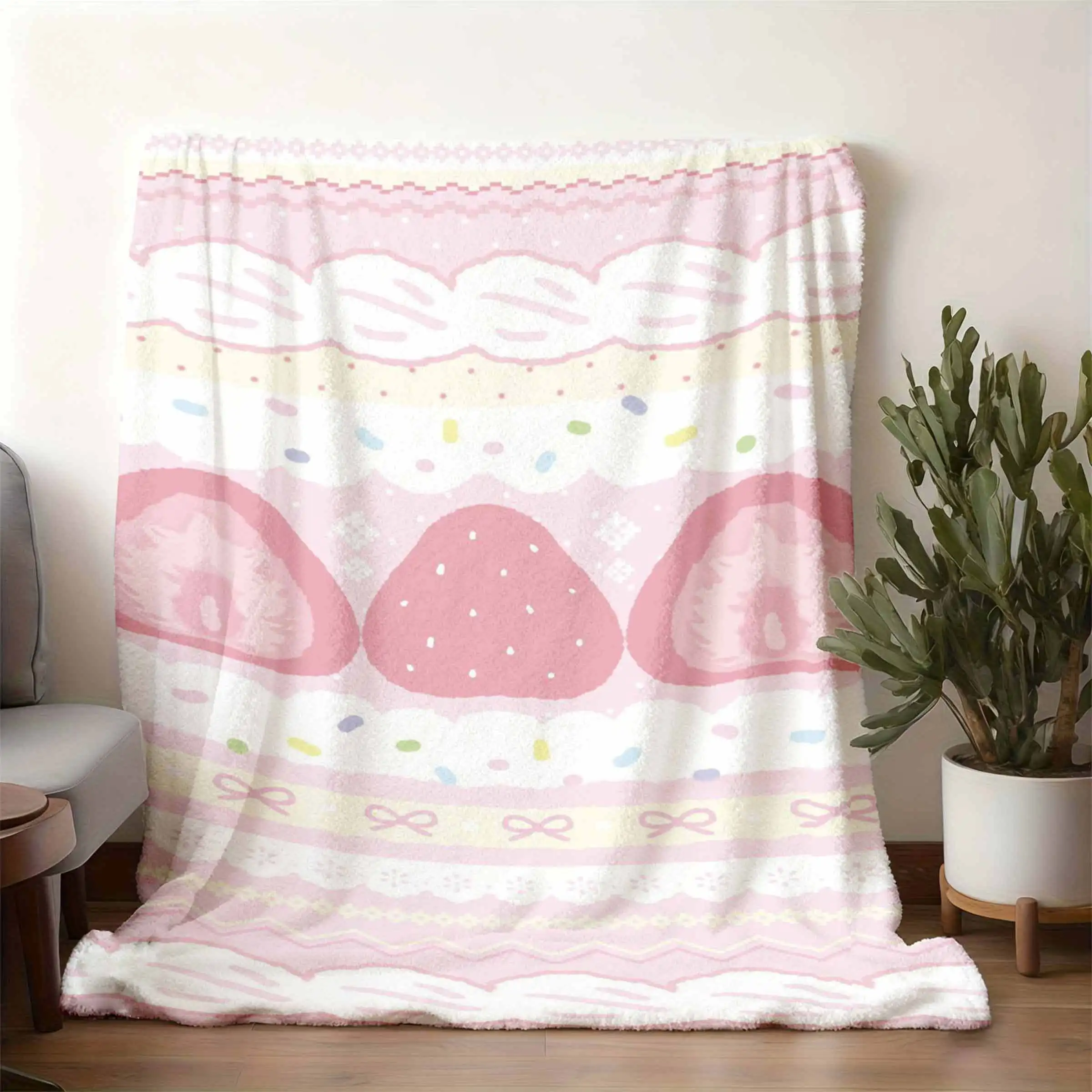 Sweet Strawberry Flannel Blanket Cute Bow Sprinkle Print Lightweight Cozy Throw for Bedroom Office All Season Daily Use Here Too