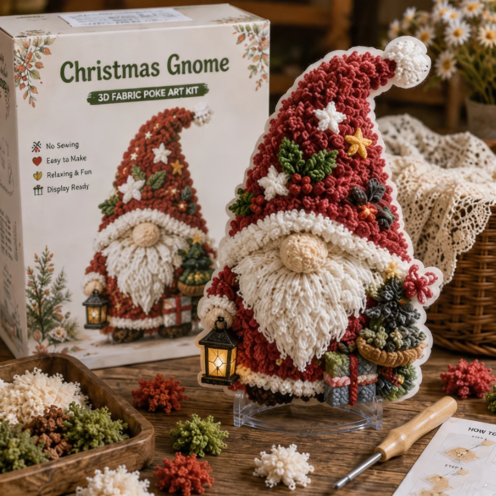 3D Seasonal Gnome Figurine Craft Kit Fabric Punch Needle No Sewing Holiday Decoration Adult Beginner