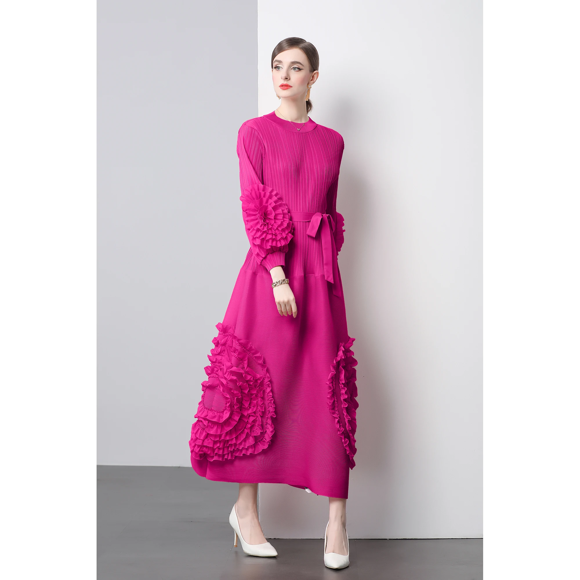 Miyake's New Midi Dress Elegant Pleated Skirt Fashionable Lace Lace Up Bubble Sleeves High Waisted Design A-line Dress 2024