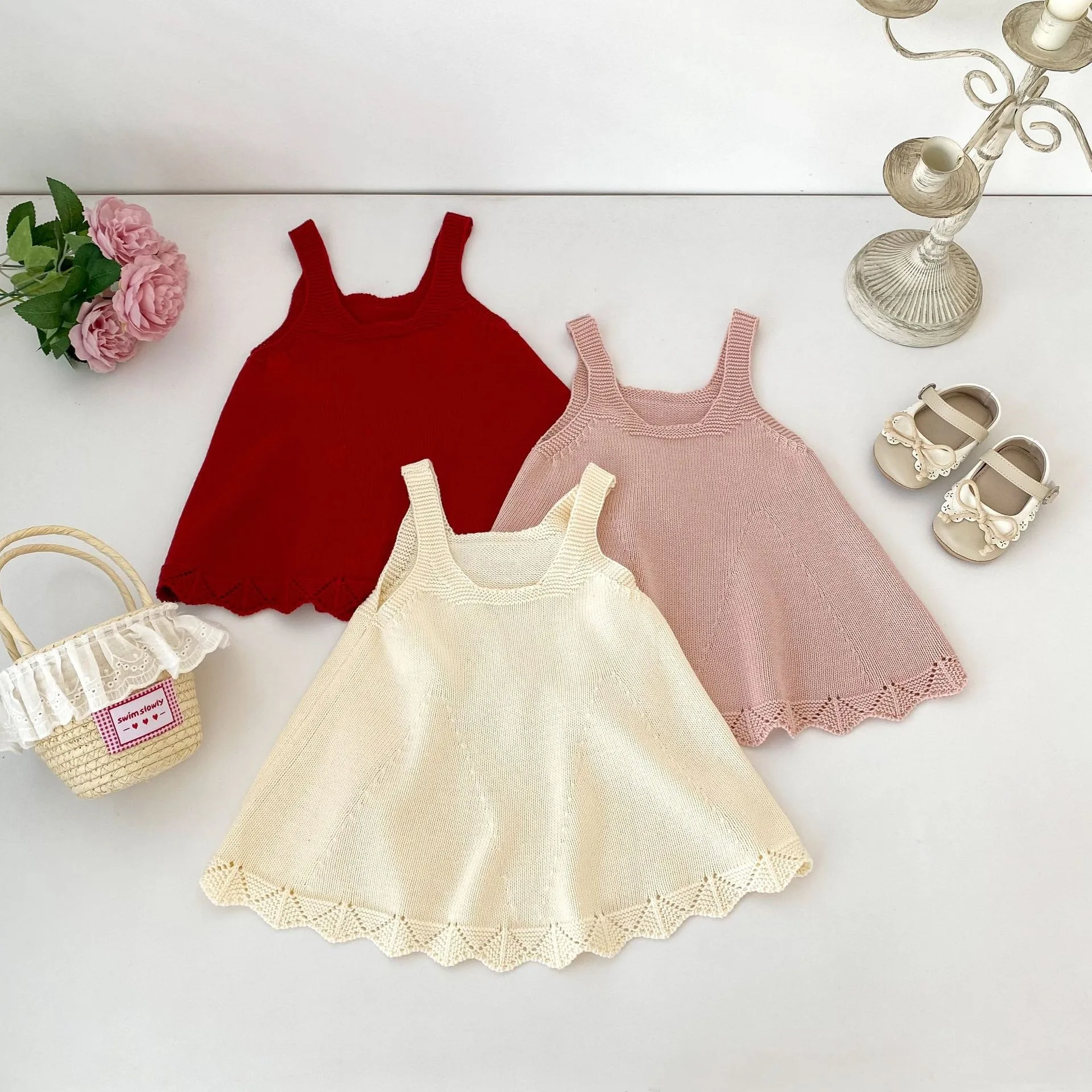 Girls' Korean Ins Knitted Dress Versatile Hollow Lace Sleeveless Strap Princess Dress