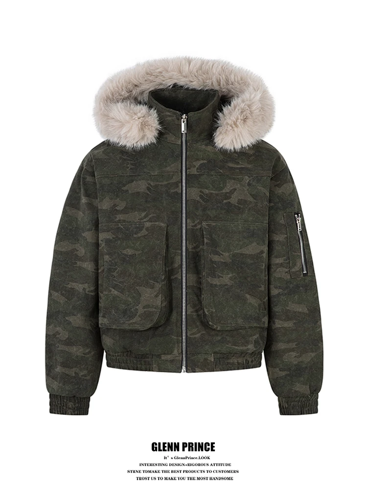 

Мужская зимняя куртка GPstudio в американском ретро-стиле с камуфляжным принтом, съемным меховым воротником, из хлопка, для работы и повседневной носки...
