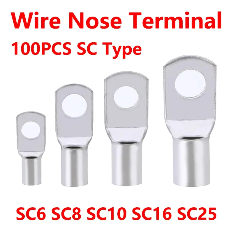 SC6 SC8 SC10 SC16 SC25 Bare Copper Battery Block Cable Lugs Hole 6mm 8mm 10mm Crimp Connector 100pcs SC Type Wire Nose Terminal
