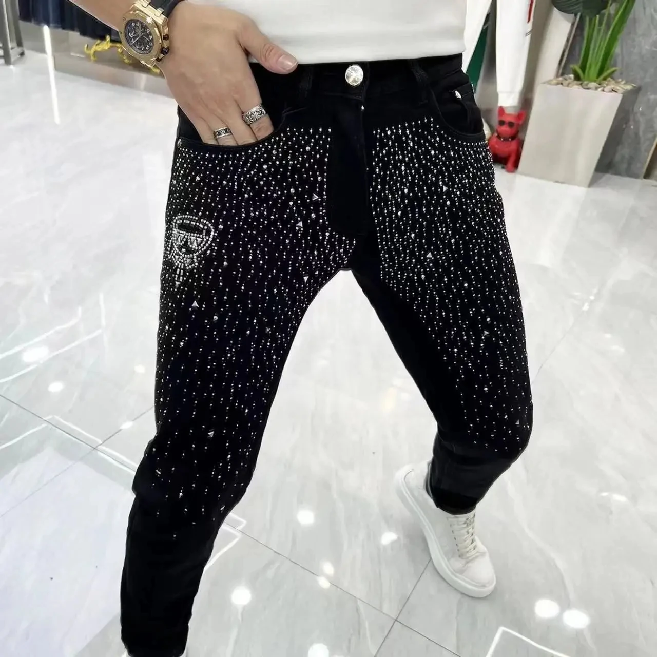 Men's Luxury Jeans Rhinestone Design Male Pencil Pants Popular Trend Handsome Trousers Man Clothing Chic Hip-hop Black Jeans