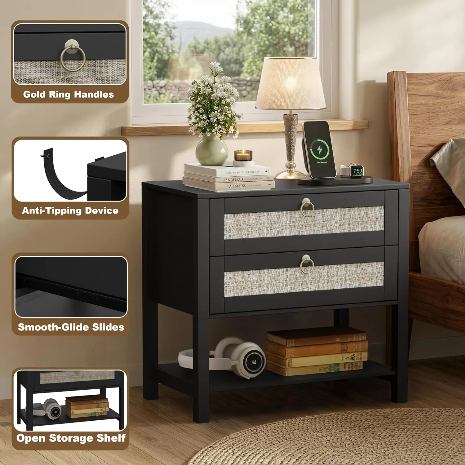 Nightstand Set of 2, Wide Night Stand Bedside Table, Rattan Boho Decor Drawer & Open Shelf, Wooden End Table for, Customized - view 5