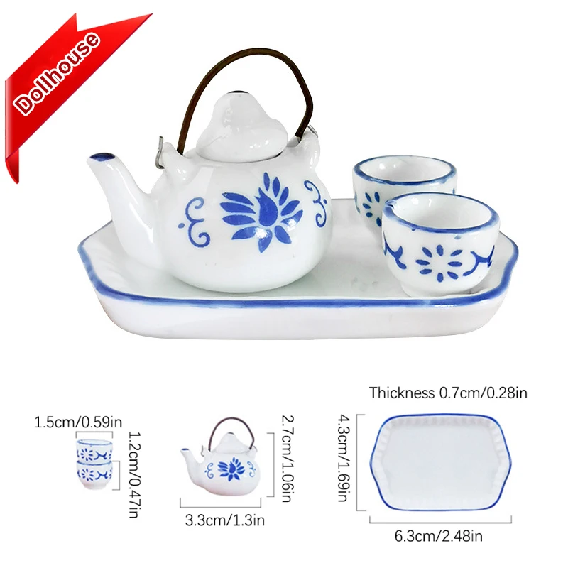 1Set Dollhouse Miniature Simulation Ceramic Tea Set Combination Teapot Tea Cup Tea Tray Model Decor Toy Doll House Accessories