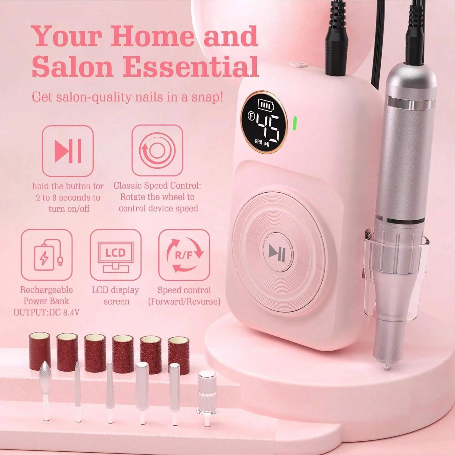 Electric Nail Drill Kit, Low Noise, Low Heat, Low Vibration, Professional Acrylic Nail Drill Machine with 6 Nail Drill Bits