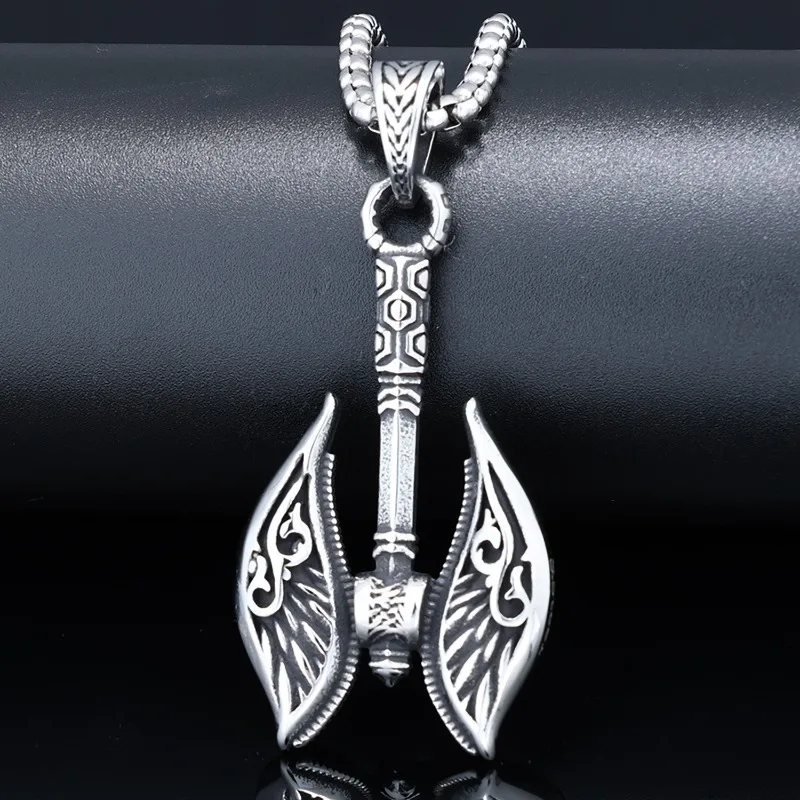 Vintage Engraved Punk Men Stainless Steel Necklace Nordic Mythology Axe Pendant Biker Hard Guy Carved Neck Jewelry
