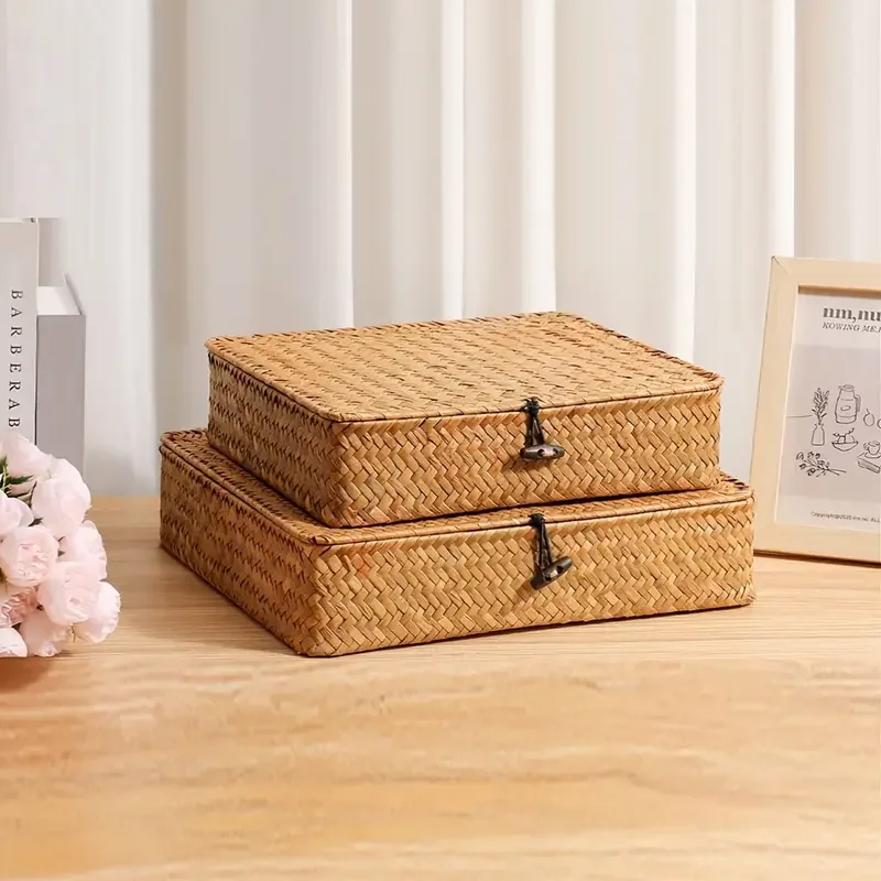 Panier de rangement vintage tissé à la main avec couvercle, boîte de rangement pour maquillage et cadeaux, boîte de rangement pour articles divers de bureau