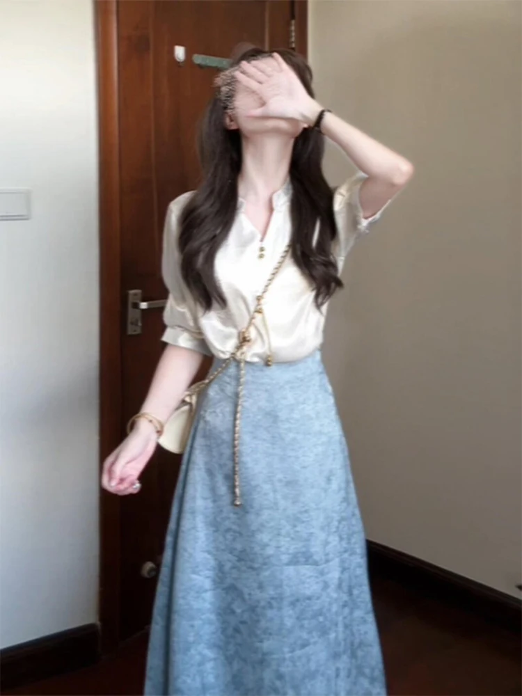 

White Shirt Blue Skirt Set Korean Style Spring Summer Fashion Outfit Women's Comfortable Two-Piece Suit V-Neck Short Sleeve