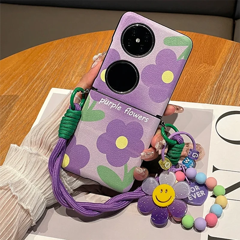 

Kawaii Purple Smiling Sunflower flip case for Huawei P50 Pocket / Pocket 2 / Pocket S Case cute Leather cover with hinge