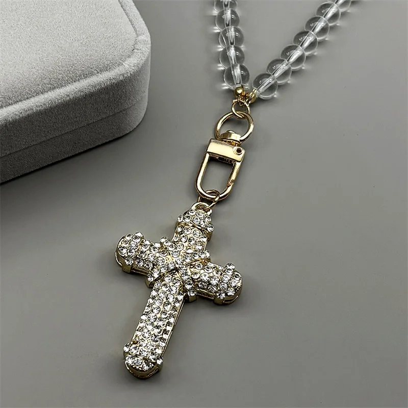 

Aesthetic Cross Car Pendant for Women Men Full Rhinestones Alloy Gold Color Jesus Christ Bag Charm Religious Glass Chain Jewelry