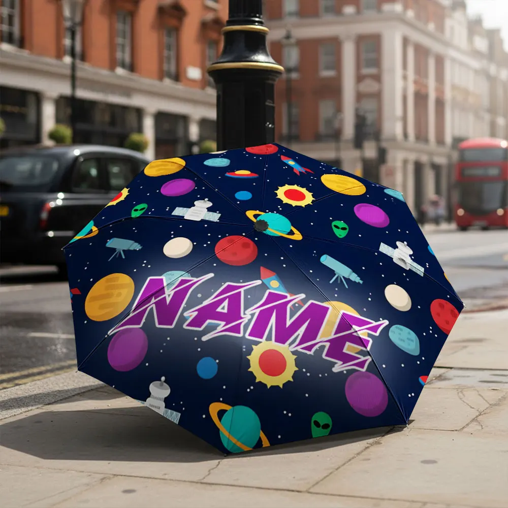 Custom Name umbrella, Outer Space Themed Planets & Rockets Design Fashion Folding Umbrella for Sunny and Rainy Days, Gift