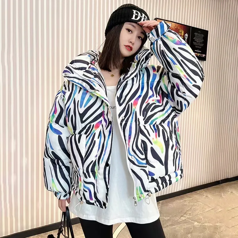 Color Graffiti Printed Cotton Jackets Woman Winter 2023 Short Women's Hooded Jacket Street Fashion Large Siz Clothing Coat Women