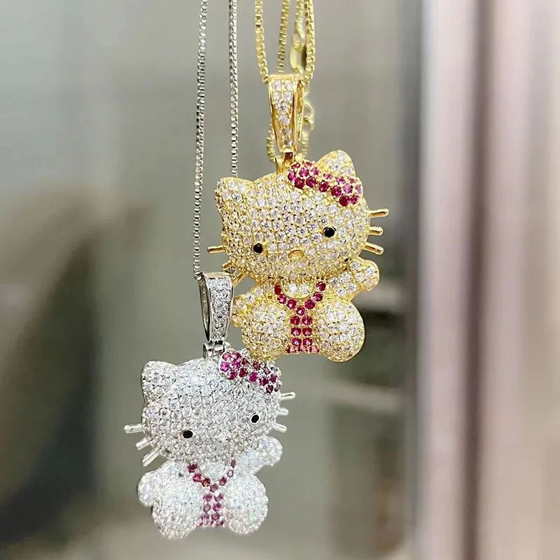 Cute Sanrio Y2k Hello Kitty Necklace Jewelry Kawaii Sweet Anime Fully-jewelled Pendant Alloy Cartoon Couples Necklace Gifts Toys