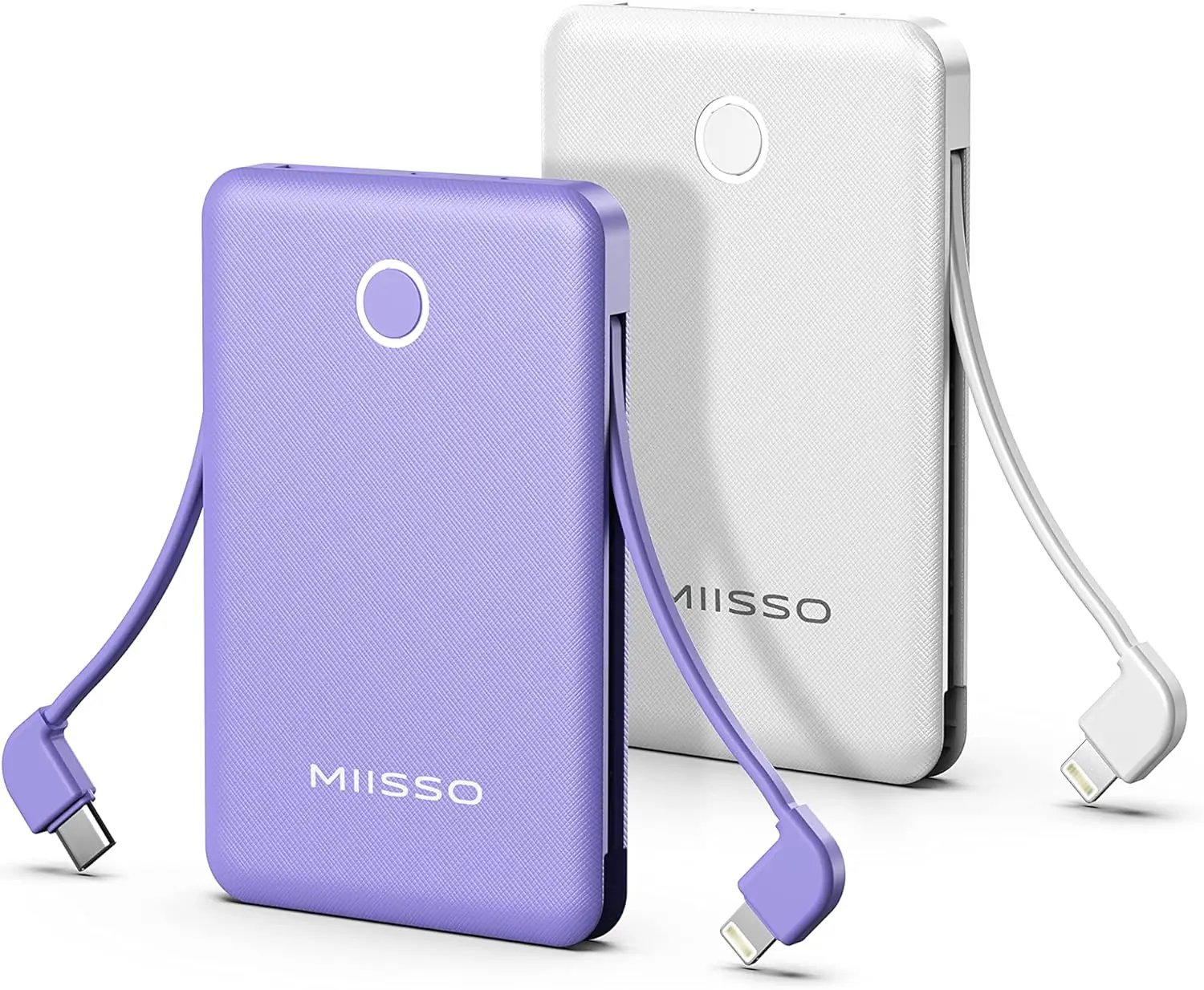

6000mAh Ultra Slim Power Bank with Built-in Cables, Credit Card Size, 3 Outputs, 2-Pack White & Purple