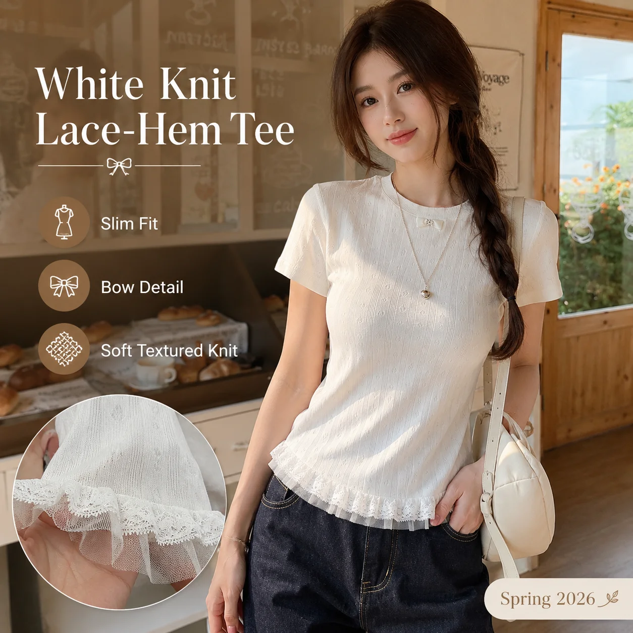 Women’s White Knit Top Bow Detail Lace Ruffle Hem Slim Fit Round Neck Short Sleeve Summer Blouse