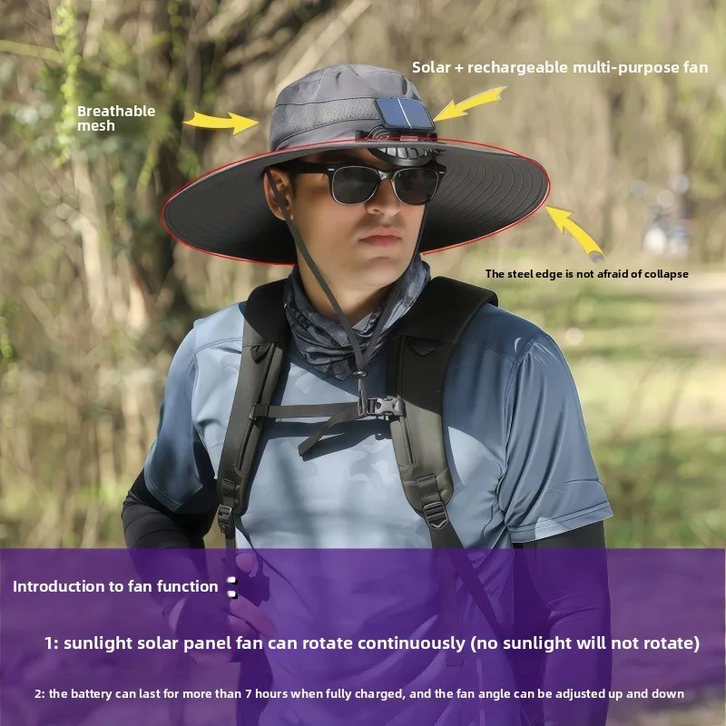 

Шляпа с солнечным вентилятором, мужская летняя уличная альпинистская шляпа с защитой от ультрафиолета, солнцезащитный козырек, водонепроницаемая многофункциональная шляпа-ведро