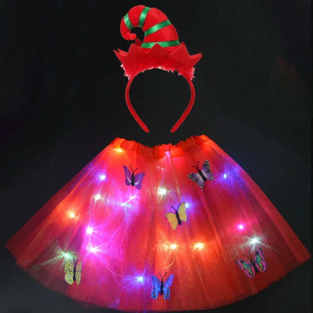 Mulheres crianças menina piscando iluminar tutu saia roupas de dança festa bandana árvore elf traje presente aniversário festival natal