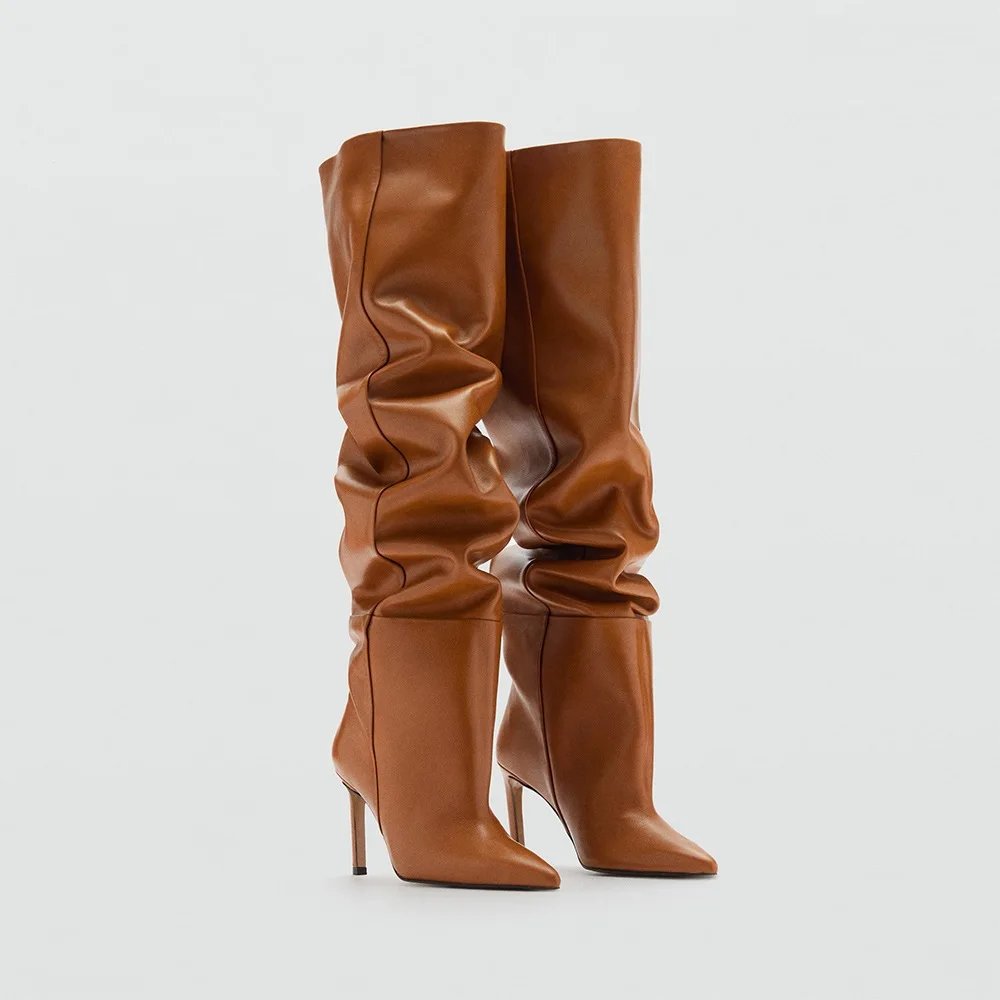 New Sale 2026 Women's Shoes Pointed Tapered Heel Pleated Pile Boots Sleek 46 Large Size High Heel Knee Boots Women's High Boot