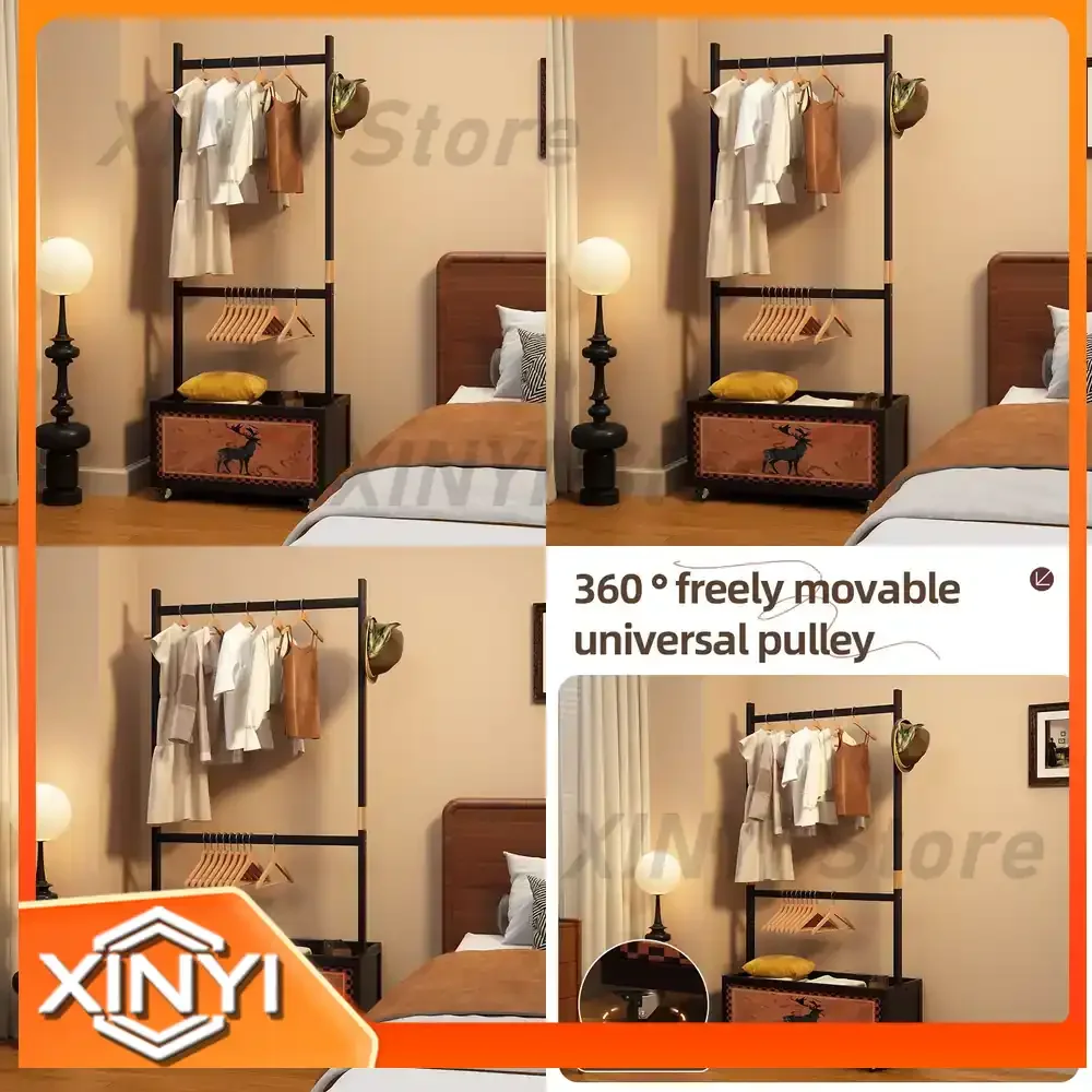Antique Style Bamboo Coat Rack with Movable Pulley for Bedroom Living Room Bathroom Storage Wall Mounted Clothing Organizer