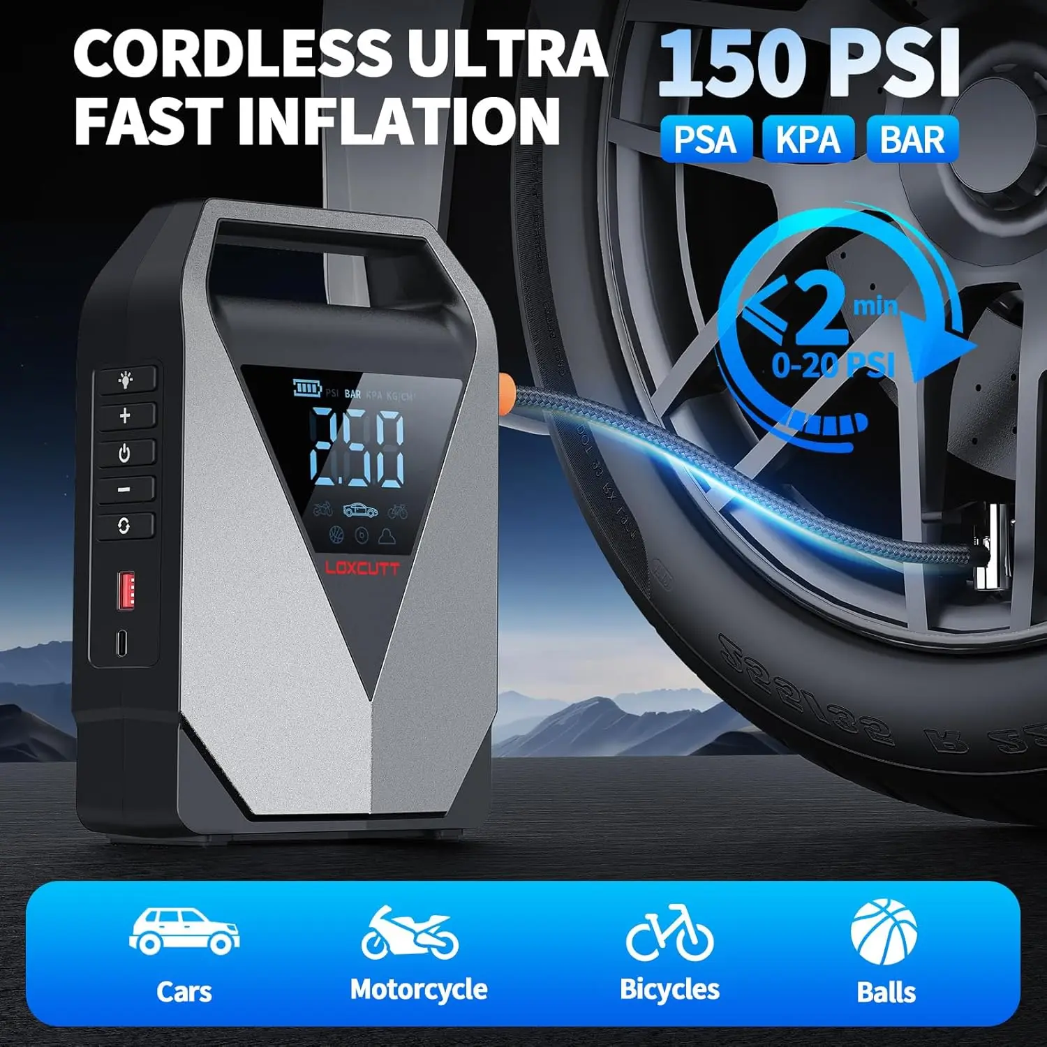 Car Jump Starter 1800A, 12000mAh with Air Compressor, 150PSI Auto Shut-Off, LCD Display, LED Light, QC3.0