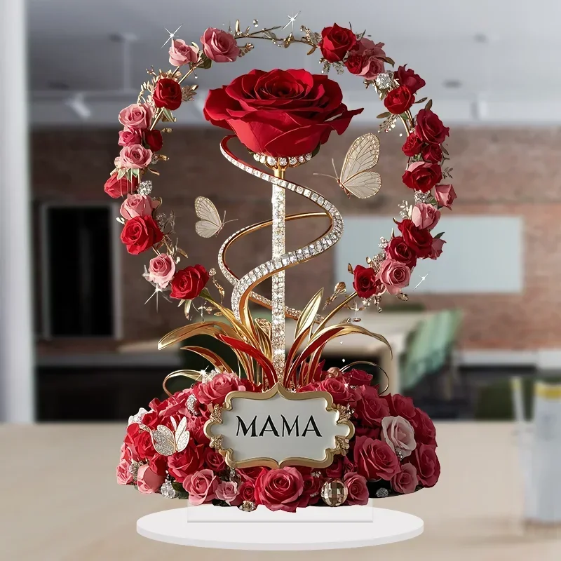 1pcs 8in Flat Acrylic Rose Can Mom Birthday Gift Mother's Day Anniversary Decoration Table Filial Child To Mother Mom Stand MOM